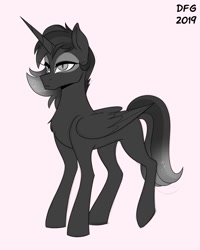 Size: 1056x1322 | Tagged: artist needed, safe, oc, oc:nyx, alicorn, pony, black and white, concave belly, expressionless face, folded wings, grayscale, lidded eyes, monochrome, raised leg, simple background, slim, slit pupils, thin, wings