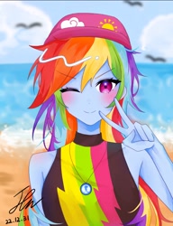 Size: 616x802 | Tagged: safe, artist:rainbom__1122, rainbow dash, equestria girls, beach, blushing, cap, clothes, eyebrows, eyebrows visible through hair, hat, looking at you, one eye closed, peace sign, solo, swimsuit, wink, winking at you