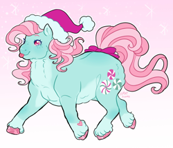 Size: 3524x3024 | Tagged: safe, artist:mysthooves, minty, earth pony, pony, g3, :p, bow, christmas, colored hooves, female, freckles, hat, heart, heart eyes, heart mark, high res, holiday, hoof heart, mare, santa hat, signature, smiling, snow, snowfall, snowflake, solo, tail, tail bow, tongue out, underhoof, unshorn fetlocks, wingding eyes