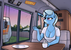 Size: 2283x1614 | Tagged: safe, artist:apocheck13, trixie, unicorn, anthro, g4, beautiful, breasts, camper, cleavage, clothes, coffee, coffee mug, female, jewelry, morning, mug, necklace, rv, shirt, short shirt, solo, sticker to hide a hole, trailer, van
