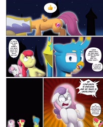 Size: 3000x3700 | Tagged: safe, artist:begoliah, apple bloom, gallus, scootaloo, sweetie belle, earth pony, griffon, pegasus, pony, unicorn, comic:crusaders, g4, apple bloom's bow, bow, butt, cannon, comic, cutie mark crusaders, dialogue, emoji, female, hair bow, high res, male, plot, speech bubble, thumbs up, wing hands, wings