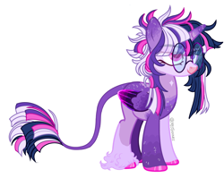 Size: 4096x3256 | Tagged: safe, artist:mysthooves, oc, oc only, oc:dusk eclipsis sparkle, alicorn, pony, alicorn oc, base used, colored hooves, folded wings, glasses, heterochromia, horn, kinsona, leonine tail, lidded eyes, male, messy mane, signature, simple background, smiling, solo, sparkles, stallion, tail, unshorn fetlocks, white background, wings