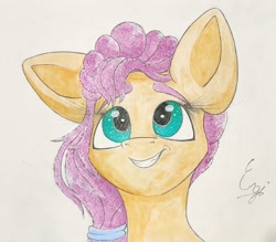 Size: 1677x1467 | Tagged: safe, artist:engi, sunny starscout, earth pony, pony, g5, cute, eyebrows, female, hair tie, simple background, smiling, solo, traditional art, watercolor painting
