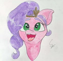 Size: 1657x1586 | Tagged: safe, artist:engi, pipp petals, pegasus, pony, g5, crown, female, jewelry, open mouth, poggers, regalia, simple background, solo, teeth, traditional art, watercolor painting