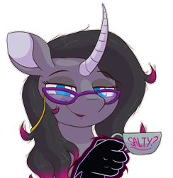 Size: 2872x2945 | Tagged: safe, artist:ljdamz1119, fhtng th§ ¿nsp§kbl, oleander (tfh), classical unicorn, pony, unicorn, them's fightin' herds, bust, cloven hooves, community related, cup, curved horn, digital art, female, glasses, high res, horn, leonine tail, looking at you, mare, reaction image, simple background, solo, transparent background, unshorn fetlocks