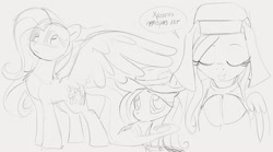 Size: 1695x940 | Tagged: safe, artist:dotkwa, fluttershy, alicorn, pony, g4, clothes, cowboy hat, eyes closed, female, flutternun, gray background, grayscale, hat, large wings, mare, monochrome, overalls, simple background, sketch, solo, straw in mouth, wings