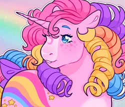Size: 3524x3024 | Tagged: safe, artist:mysthooves, oc, oc only, pony, unicorn, g1, blue eyes, bow, close-up, curly mane, female, freckles, heart mark, high res, horn, icon, mare, ponysona, rainbow background, rainbow curl pony, solo, star mark, tail, tail bow, unicorn oc