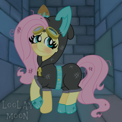 Size: 1080x1080 | Tagged: safe, artist:loolaymoon, fluttershy, pegasus, pony, g4, sparkle's seven, bunny ears, clothes, costume, cute, dangerous mission outfit, female, goggles, hoodie, mare, messy mane, scratches, shyabetes, solo, zipper