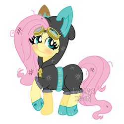 Size: 1080x1080 | Tagged: safe, artist:loolaymoon, fluttershy, pegasus, pony, g4, sparkle's seven, bunny ears, clothes, costume, cute, dangerous mission outfit, female, goggles, hoodie, mare, messy mane, scratches, shyabetes, simple background, solo, white background, zipper