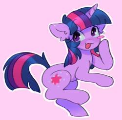 Size: 935x924 | Tagged: safe, artist:horseyuris, twilight sparkle, pony, unicorn, g4, blush sticker, blushing, cute, female, floppy ears, looking to the left, mare, open mouth, open smile, pink background, pointing at self, simple background, smiling, solo, twiabetes, unicorn twilight