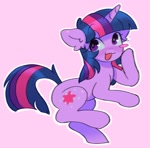 Size: 935x924 | Tagged: safe, artist:horseyuris, twilight sparkle, pony, unicorn, blush sticker, blushing, cute, floppy ears, looking to the left, open mouth, open smile, pink background, simple background, smiling, solo, twiabetes, unicorn twilight