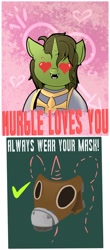 Size: 903x2048 | Tagged: safe, artist:chaosmauser, oc, oc:poison kiss, pony, unicorn, fanfic:iron hearts, armor, chibi, cultist, female, heart, heart eyes, horn, mare, mask, motivational poster, nurgle, poster, power armor, unicorn oc, warhammer (game), warhammer 40k, wingding eyes