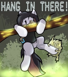 Size: 1802x2048 | Tagged: safe, artist:chaosmauser, oc, oc:jewel bracer, earth pony, chaos, chibi, crossover, earth pony oc, hang in there, hanging, mask, motivational poster, nurgling, poster, poster parody, tree branch
