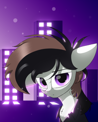 Size: 1700x2116 | Tagged: safe, artist:rainydark, oc, oc only, earth pony, pony, black hair, brown hair, city, clothes, digital art, earth pony oc, gift art, jacket, light, lightning, looking at you, male, night, purple background, purple eyes, simple background, solo