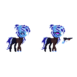 Size: 1200x1200 | Tagged: safe, artist:menalia, oc, oc only, oc:freezy coldres, pony, unicorn, animated, clothes, female, gif, gun, horn, long mane, magic, magic aura, mare, not minuette, pants, pixel art, ponytail, self paradox, self ponidox, shirt, shoes, simple background, solo, sprite, sunglasses, transparent background, walk cycle, walking, weapon