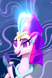 Size: 1920x2880 | Tagged: safe, artist:kmlp1999, queen novo, seapony (g4), g4, my little pony: the movie, bioluminescent, bubble, collar, colored pupils, crown, digital art, eyelashes, eyeshadow, female, fin wings, fins, glowing, jewelry, looking at you, makeup, ocean, one eye closed, open mouth, open smile, purple eyes, regalia, seaquestria, seashell, signature, smiling, smiling at you, solo, swimming, teeth, throne room, underwater, water, wings, wink