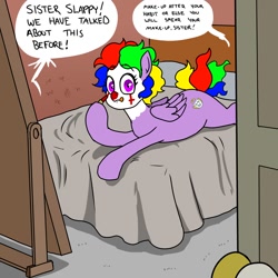 Size: 1200x1200 | Tagged: safe, artist:pony quarantine, oc, oc only, oc:sister slappy, pegasus, pony, bed, clown, clown makeup, dialogue, disembodied hoof, female, looking at you, lying down, mare, nun, offscreen character, on bed, prone, sploot, tongue out