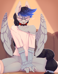 Size: 2800x3600 | Tagged: safe, artist:chapaevv, oc, oc:silver strings, anthro, choker, clothes, commission, crossdressing, eyes closed, femboy, girly, glasses, good boy, happy, high res, male, mittens, no pants, shirt, sitting, socks, solo, spread legs, spreading, stockings, t-shirt, tail, text, thigh highs, tongue out, ych result