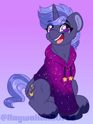 Size: 1600x2129 | Tagged: safe, artist:thehaywaiianhorse, oc, oc only, oc:moonwalker, pony, unicorn, clothes, female, gradient background, hoodie, mare, solo