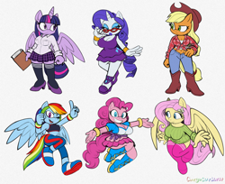 Size: 1280x1042 | Tagged: safe, artist:omegasunburst, applejack, fluttershy, pinkie pie, rainbow dash, rarity, twilight sparkle, alicorn, earth pony, mobian, pegasus, unicorn, anthro, plantigrade anthro, g4, belly button, big breasts, book, boots, breasts, busty applejack, busty fluttershy, busty pinkie pie, busty rarity, busty twilight sparkle, cleavage, clothes, cowboy boots, crossover, delicious flat chest, denim, dress, female, front knot midriff, glasses, high heels, jeans, lipstick, mane six, mare, midriff, pants, rainbow flat, rarity's glasses, shoes, simple background, skirt, sonic the hedgehog (series), sonicified, stockings, sweater dress, thigh highs, twilight sparkle (alicorn), white background