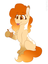 Size: 727x975 | Tagged: safe, artist:thatonefluffs, oc, oc only, oc:pumpkin patch, earth pony, pony, :p, coffee, food, latte, simple background, sitting, smiling, solo, spiced latte, tongue out, transparent background