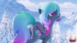 Size: 3840x2160 | Tagged: safe, artist:loveslove, oc, oc only, oc:paintheart, pegasus, pony, 3d, blurry background, female, folded wings, gradient mane, gradient tail, high res, mountain, pegasus oc, snow, snowfall, solo, tail, wings