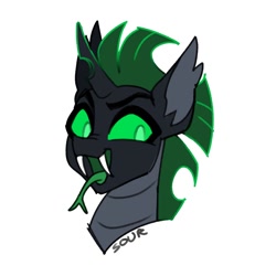 Size: 1000x1000 | Tagged: safe, artist:sickly-sour, oc, oc only, changeling, bust, forked tongue, green changeling, open mouth, open smile, portrait, simple background, smiling, solo, tongue out, white background