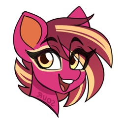 Size: 2000x2000 | Tagged: safe, artist:sickly-sour, oc, oc only, oc:phoenix, pony, bust, eye clipping through hair, eyebrows, eyebrows visible through hair, high res, looking at you, open mouth, open smile, portrait, simple background, smiling, solo, white background