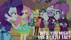 Size: 1920x1080 | Tagged: safe, edit, edited screencap, editor:quoterific, screencap, applejack, fluttershy, indigo zap, rainbow dash, rarity, sugarcoat, sunny flare, human, equestria girls, g4, my little pony equestria girls: friendship games