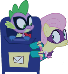 Size: 679x742 | Tagged: safe, edit, edited screencap, editor:pascalmulokozi2, screencap, fluttershy, saddle rager, spike, dragon, pegasus, pony, g4, power ponies (episode), background removed, female, humdrum costume, mailbox, male, mare, not a vector, power ponies, simple background, transparent background