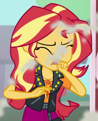 Size: 477x590 | Tagged: safe, screencap, sunset shimmer, human, driving miss shimmer, driving miss shimmer: applejack, equestria girls, g4, my little pony equestria girls: better together, clothes, coughing, cropped, dust, eyes closed, geode of empathy, hand on mouth, jewelry, leather, leather vest, magical geodes, necklace, open mouth, shoulderless shirt, skirt, solo, spikes, vest