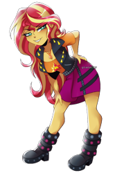 Size: 590x888 | Tagged: safe, artist:granatty, sunset shimmer, human, equestria girls, g4, my little pony equestria girls: better together, bedroom eyes, boots, breasts, busty sunset shimmer, butt touch, cleavage, clothes, female, geode of empathy, grin, hand on butt, hand on leg, jacket, legs, looking at you, magical geodes, sexy, shirt, shoes, simple background, smiling, solo, transparent background