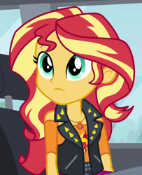 Size: 542x668 | Tagged: safe, screencap, sunset shimmer, human, driving miss shimmer, driving miss shimmer: fluttershy, equestria girls, g4, my little pony equestria girls: better together, :|, clothes, cropped, geode of empathy, jewelry, leather, leather vest, magical geodes, necklace, shoulderless shirt, solo, spikes, vest
