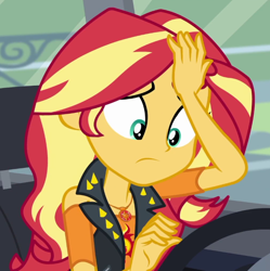 Size: 674x678 | Tagged: safe, screencap, sunset shimmer, human, driving miss shimmer, driving miss shimmer: fluttershy, equestria girls, g4, my little pony equestria girls: better together, cropped, solo