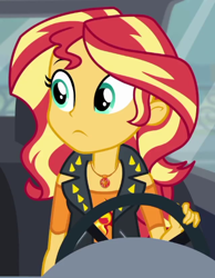 Size: 426x548 | Tagged: safe, screencap, sunset shimmer, human, driving miss shimmer, driving miss shimmer: fluttershy, equestria girls, g4, my little pony equestria girls: better together, cropped, solo