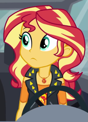 Size: 403x559 | Tagged: safe, screencap, sunset shimmer, human, driving miss shimmer, driving miss shimmer: fluttershy, equestria girls, g4, my little pony equestria girls: better together, cropped, solo
