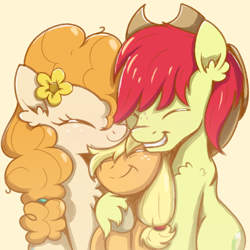 Size: 1000x1000 | Tagged: safe, artist:candy meow, applejack, bright mac, pear butter, earth pony, pony, g4, ^^, applejack's hat, brightabetes, chest fluff, cowboy hat, cute, ear fluff, eyes closed, female, filly, filly applejack, flower, foal, freckles, hat, hoof fluff, hug, jackabetes, male, mare, pearabetes, simple background, smiling, snuggling, stallion, unshorn fetlocks, younger