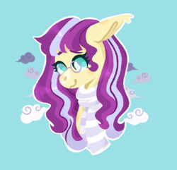 Size: 540x520 | Tagged: safe, artist:wholesomeponies, oc, oc only, oc:serenity sound, pegasus, pony, bust, clothes, cloud, ear fluff, female, floppy ears, glasses, mare, no pupils, outline, pegasus oc, portrait, scarf, shiny mane, simple background, solo, striped scarf, teal background, white outline