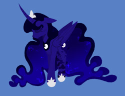 Size: 540x412 | Tagged: safe, artist:wholesomeponies, princess luna, alicorn, alternate design, blue background, crown, ethereal mane, eyes closed, female, floppy ears, hoof shoes, jewelry, mare, peytral, redesign, regalia, simple background, solo