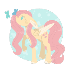Size: 540x564 | Tagged: safe, artist:wholesomeponies, fluttershy, butterfly, pegasus, pony, circle, colored ears, colored hooves, colored wings, ear fluff, feathered fetlocks, female, floppy ears, folded wings, looking at something, looking up, mare, no mouth, no pupils, partial background, profile, raised hoof, simple background, solo, standing, transparent background, two toned wings, wings