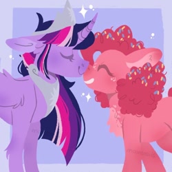 Size: 540x540 | Tagged: safe, artist:wholesomeponies, pinkie pie, twilight sparkle, alicorn, earth pony, pony, g4, boop, chest fluff, colored ears, confetti, crown, eyes closed, female, floppy ears, fluffy, frame, jewelry, lesbian, looking at each other, looking at someone, messy mane, noseboop, peytral, purple background, regalia, request, ship:twinkie, shipping, simple background, smiling, smiling at each other, sparkles, twilight sparkle (alicorn)