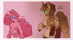 Size: 540x301 | Tagged: safe, artist:wholesomeponies, applejack, pinkie pie, earth pony, pony, g4, alternate design, braid, chest fluff, clothes, coat markings, colored ears, colored hooves, confetti, duo, duo female, ear fluff, female, frame, headcanon, headcanon in the description, heart, heart eyes, pink background, reference sheet, simple background, socks, straw in mouth, unshorn fetlocks, wingding eyes