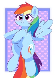 Size: 1320x1854 | Tagged: safe, artist:leo19969525, rainbow dash, pegasus, pony, g4, blushing, ears, ears up, female, flying, hair, heart, mane, mare, purple eyes, smiling, solo, spread wings, tail, wings