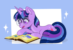 Size: 540x374 | Tagged: safe, artist:wholesomeponies, twilight sparkle, pony, unicorn, friendship is magic, g4, abstract background, book, colored ears, female, frame, glasses, mare, no pupils, reading, request, shiny mane, solo, sparkles, unicorn twilight