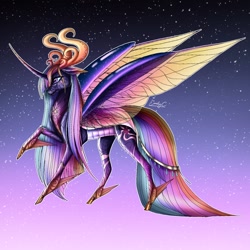 Size: 2048x2048 | Tagged: safe, artist:emilychristman, twilight sparkle, alicorn, changedling, changeling, hybrid, pony, g4, changedlingified, changeling wings, curved horn, digital art, eyelashes, female, fusion, gem, high res, hoof shoes, horn, horns, jewelry, long horn, mare, multicolored hair, multicolored tail, night, purple background, purple eyes, raised hoof, signature, simple background, sky, solo, species swap, spread wings, stars, tail, twilight sparkle (alicorn), walking, wings