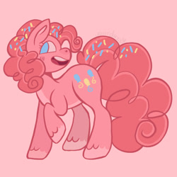 Size: 540x540 | Tagged: safe, artist:wholesomeponies, pinkie pie, earth pony, pony, g4, alternate cutie mark, coat markings, colored hooves, confetti, female, mare, no pupils, pink background, redesign, simple background, solo, unshorn fetlocks