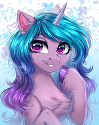 Size: 2000x2540 | Tagged: safe, artist:hakaina, izzy moonbow, pony, unicorn, g5, abstract background, bust, cheek fluff, chest fluff, colored, concave belly, cute, ear fluff, eyebrows, eyelashes, fluffy, gradient mane, grin, high res, hoof fluff, hooves, izzybetes, leg fluff, long mane, looking at you, pointing at self, raised hooves, shading, shiny eyes, signature, slender, smiling, smiling at you, solo, teeth, thin, unshorn fetlocks