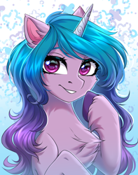 Size: 2000x2540 | Tagged: safe, alternate version, artist:hakaina, izzy moonbow, pony, unicorn, g5, abstract background, bust, cheek fluff, chest fluff, colored, concave belly, cute, ear fluff, eyebrows, eyelashes, fluffy, gradient mane, grin, high res, hoof fluff, hooves, izzybetes, leg fluff, long mane, looking at you, pointing at self, raised hooves, shading, shiny eyes, signature, slender, smiling, smiling at you, solo, teeth, thin, unshorn fetlocks