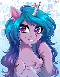 Size: 2000x2540 | Tagged: safe, alternate version, artist:hakaina, izzy moonbow, pony, unicorn, g5, abstract background, bust, cheek fluff, chest fluff, colored, concave belly, cute, ear fluff, eyebrows, eyelashes, fluffy, gradient mane, grin, high res, hoof fluff, hooves, izzybetes, leg fluff, long mane, looking at you, pointing at self, raised hooves, shading, shiny eyes, signature, slender, smiling, smiling at you, solo, teeth, thin, unshorn fetlocks