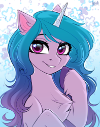 Size: 2000x2540 | Tagged: safe, alternate version, artist:hakaina, izzy moonbow, pony, unicorn, g5, abstract background, bust, cel shading, cheek fluff, chest fluff, colored, concave belly, cute, ear fluff, eyebrows, eyelashes, fluffy, gradient mane, grin, high res, hoof fluff, hooves, izzybetes, leg fluff, long mane, looking at you, pointing at self, raised hooves, shading, shiny eyes, signature, slender, smiling, smiling at you, solo, teeth, thin, unshorn fetlocks